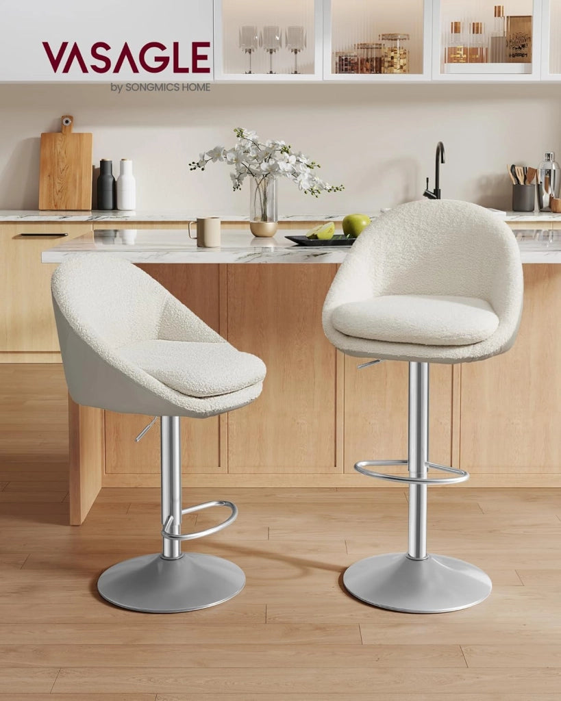 VASAGLE Sedie da Bar, Set di 2 Sgabelli da Bar, Regolabile in Altezza, Girevole a 360°, Sedia da Cucina, con Schienale, Poggiapiedi, in Acciaio, per Bancone, Sala da Pranzo, Bianco Crema LJB110W01