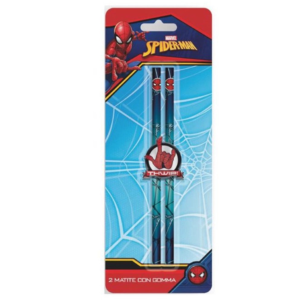 Trade Shop - Set 2 Pz Matite Con Gomma Tonda Grafica Spiderman Cancelleria Scuola Bambini 960696 -
