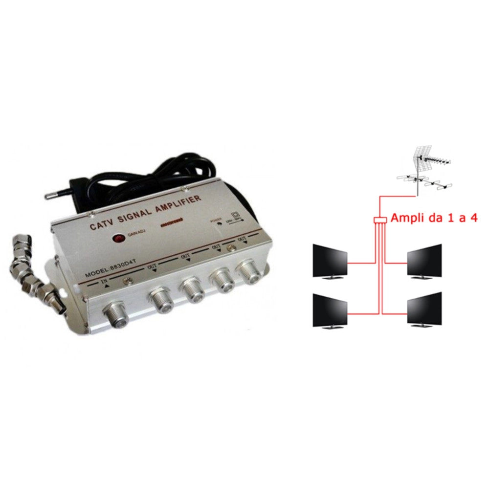 Trade Shop - Amplificatore Segnale Tv Sdoppiatore Antenna 4 Uscite Digitale Terrestre -