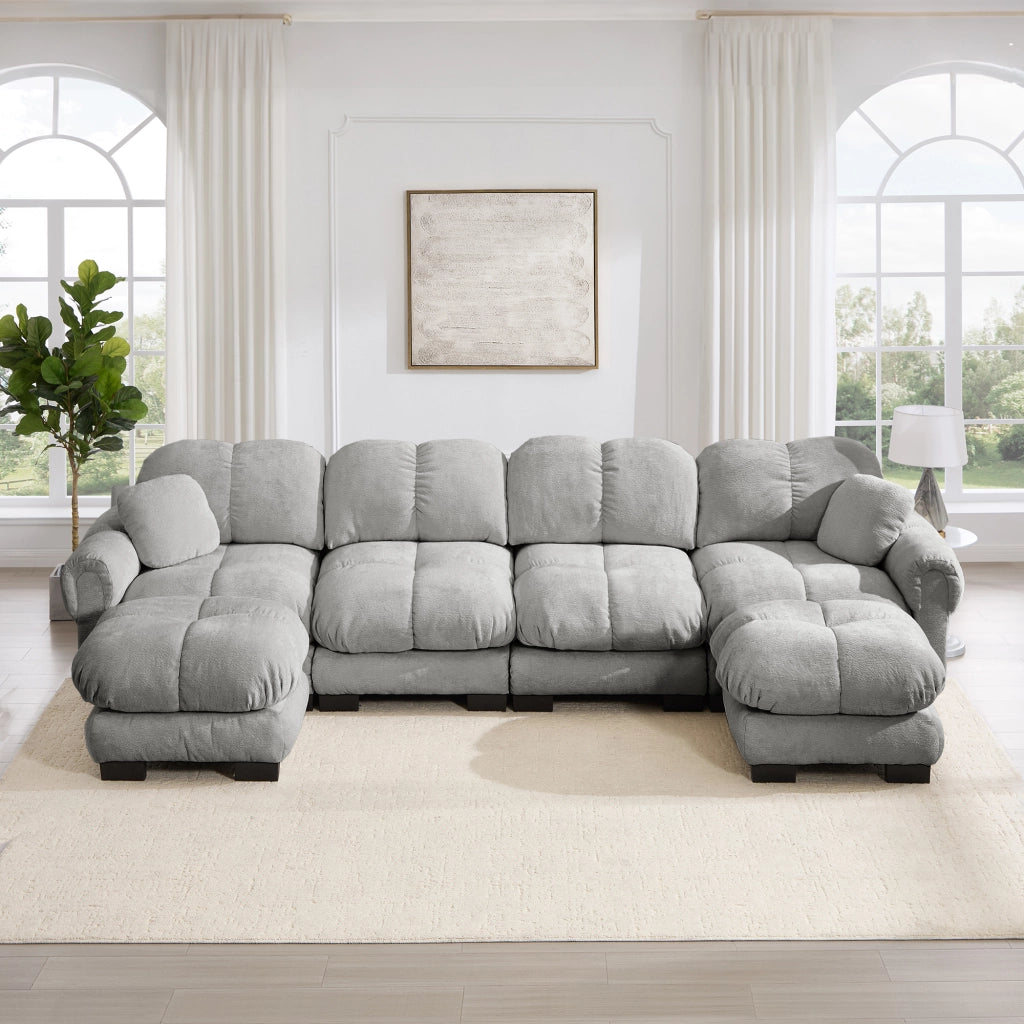 Divano angolare modulare a U con 2 pouf mobili e cuciture trapuntate in ciniglia grigio chiaro 330 × 149 × 90 cm