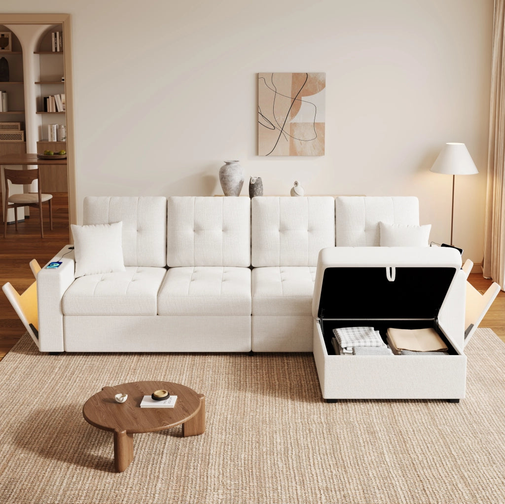 Divano angolare modulare a L con pouf contenitore; LED; USB e Type-C; beige; 253 cm