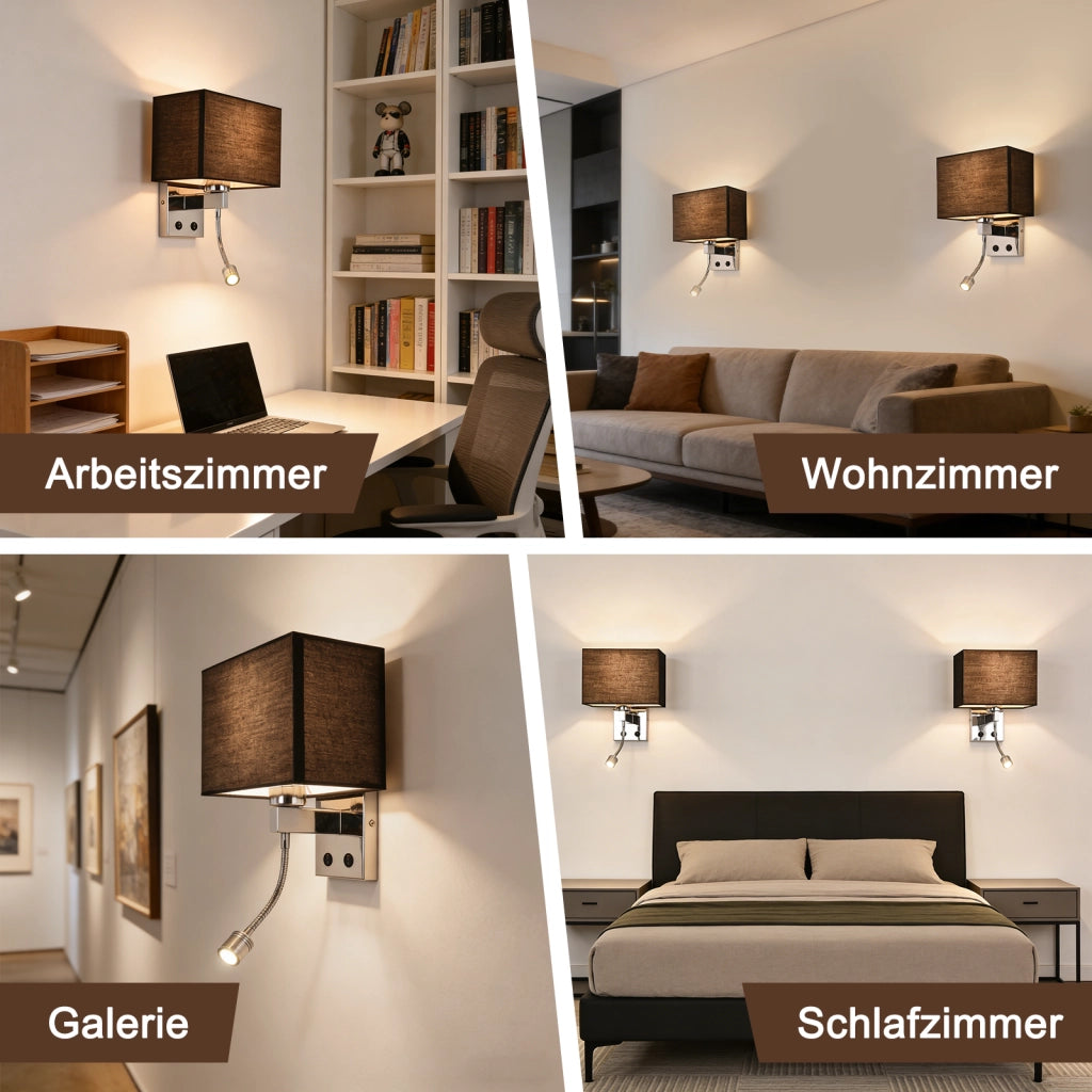 ZMH Lampada da Parete per Camera da Letto Nera Orientabile con Paralume Tessuto LED E27 Interruttore per Corridoio Letto