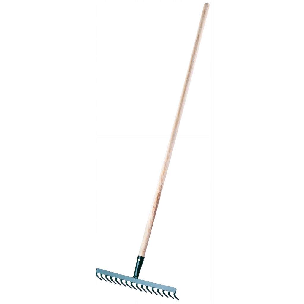 Rastrello per foglie KADAX, per giardino ed erba, con manico in legno, 138 cm, rastrello solido a 16 denti.