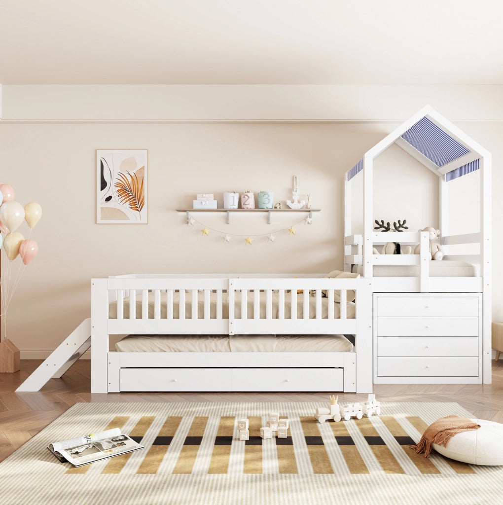 Letto per bambini a casetta 90x200 cm con letto estraibile; scala laterale e cassetti; bianco in legno massello