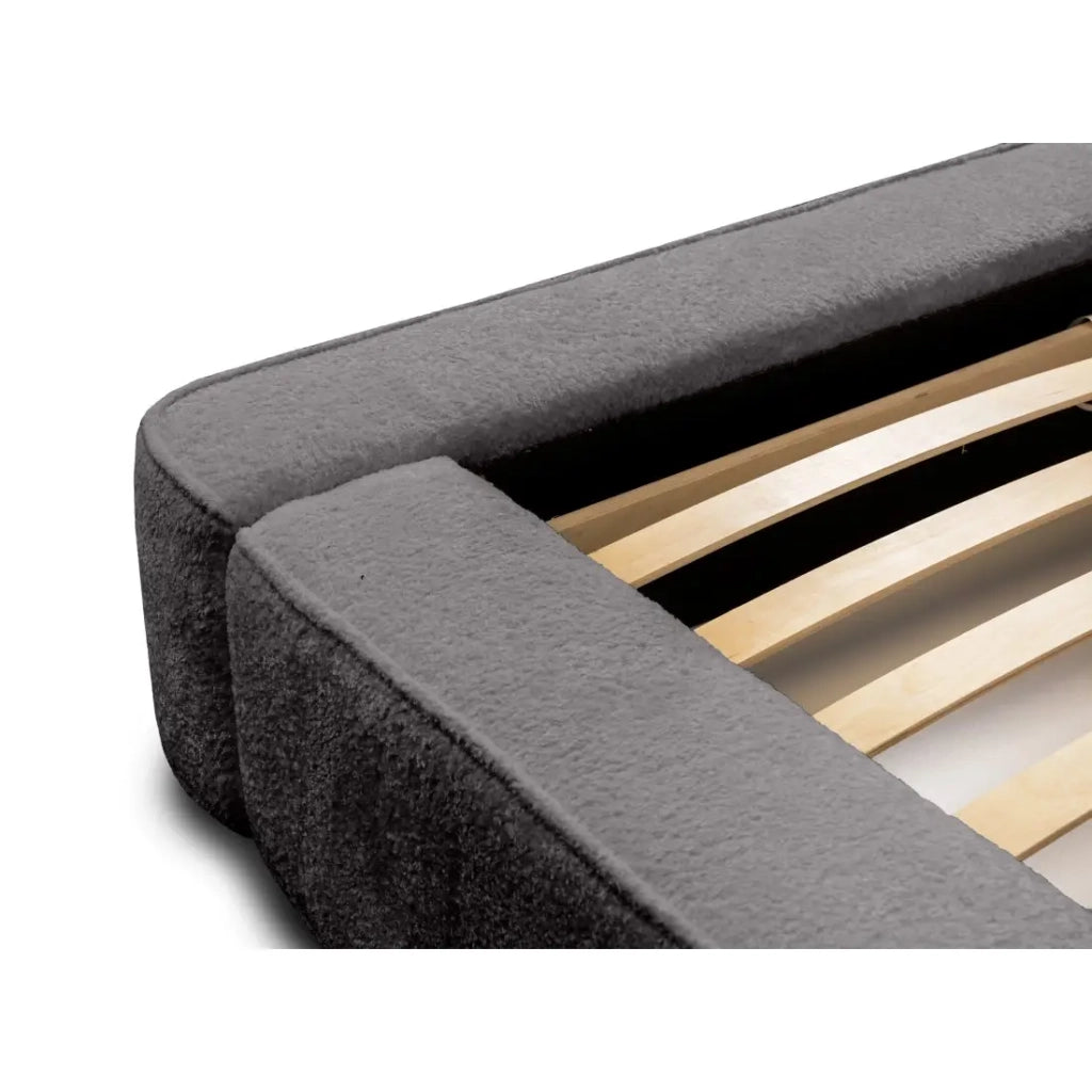 Letto contenitore VELORA – Grigio cenere bouclé – 160x200 cm – Tessuto velluto morbido – Rete sollevabile – Spazio di stoccaggio integrato