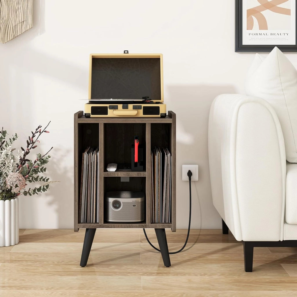 Tavolino ausiliario per giradischi con stazione di ricarica, comodino con scomparti in vinile, scaffale per display a dischi per soggiorno, camera da letto (grigio rovere)