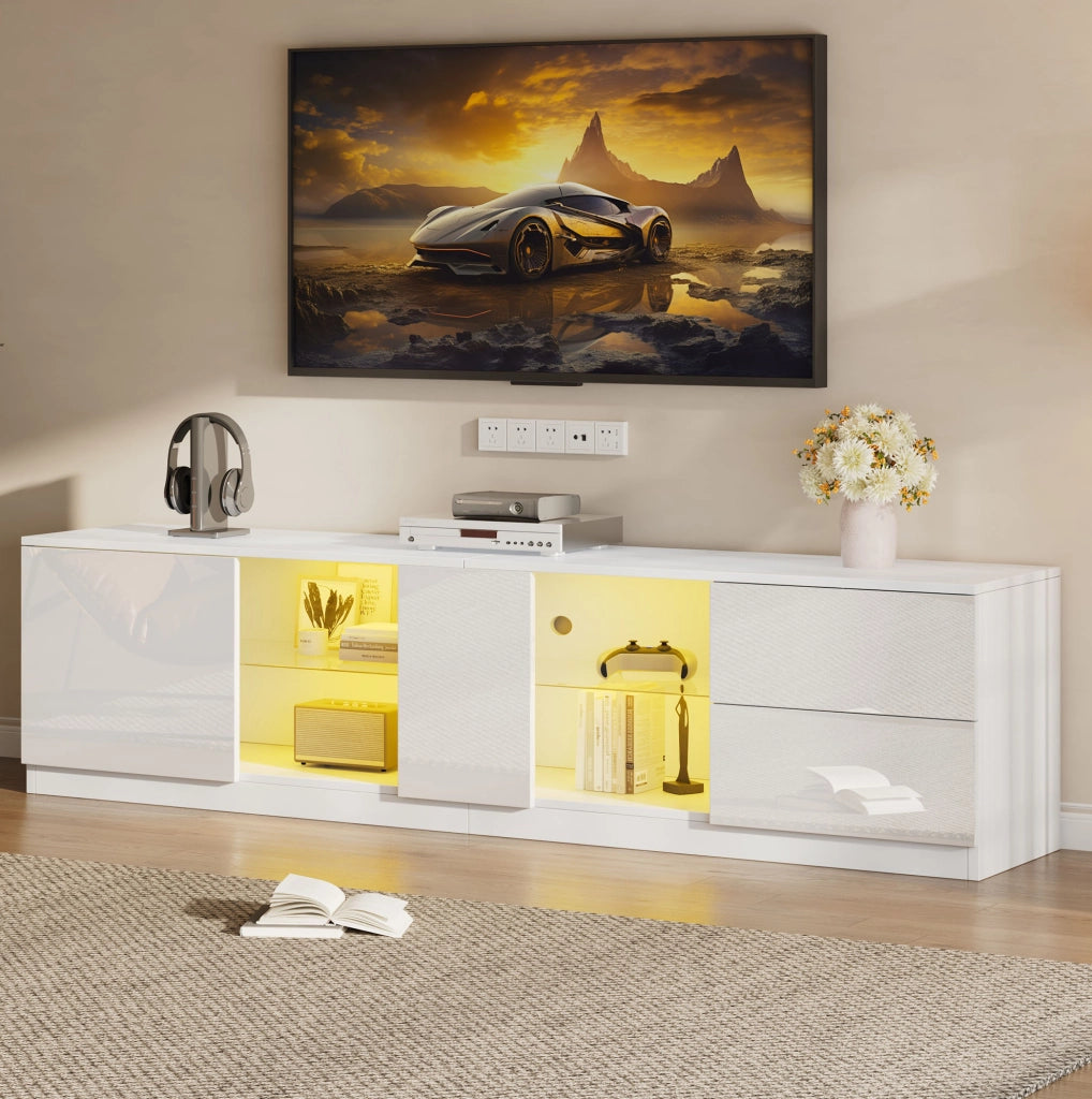 Mobile TV 160x40x52 cm con LED; 2 cassetti e anta; MDF bianco