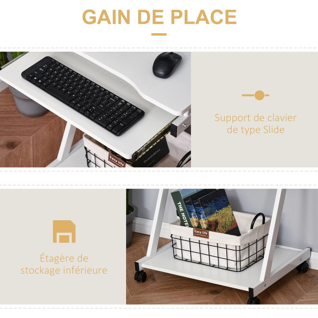 Scrivania Computer con Ruote ¨C Xylo ¨C Bianco con Ripiano Tastiera e Scaffale