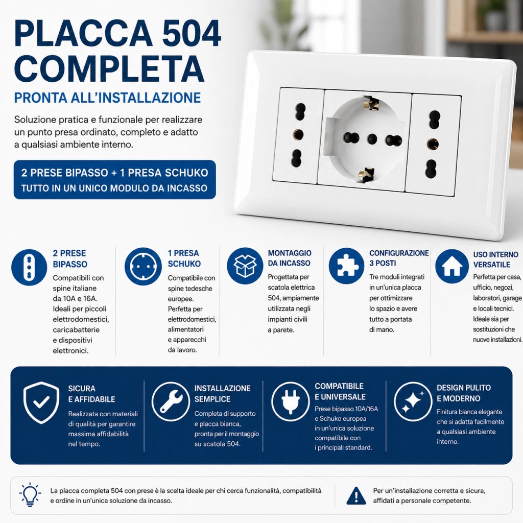 Placchetta 504 Incasso Completa con 2 Prese Bipasso e 1 Presa Schuko