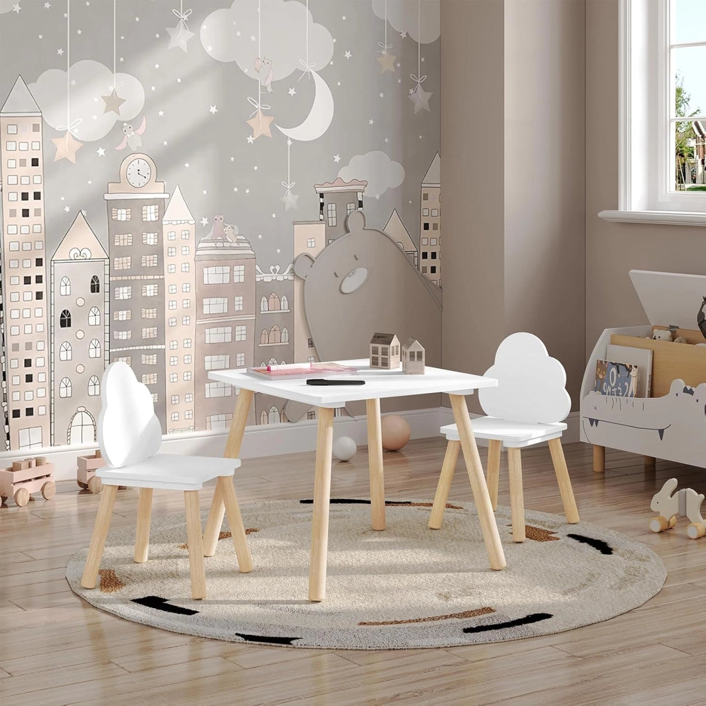 Set di Tavolo e Sedie per Bambini a 3 Pezzi, Tavolino Bambini con Sedie Montessori, Tavolo in Legno e 2 Sedie, per Cameretta, Camera da Letto, Bianco
