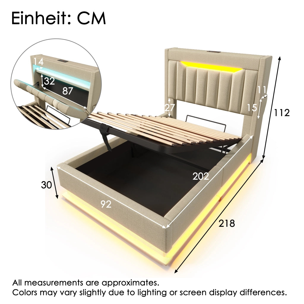 LETTO contenitore 90x200 cm in lino beige con LED e ricarica USB/Type-C