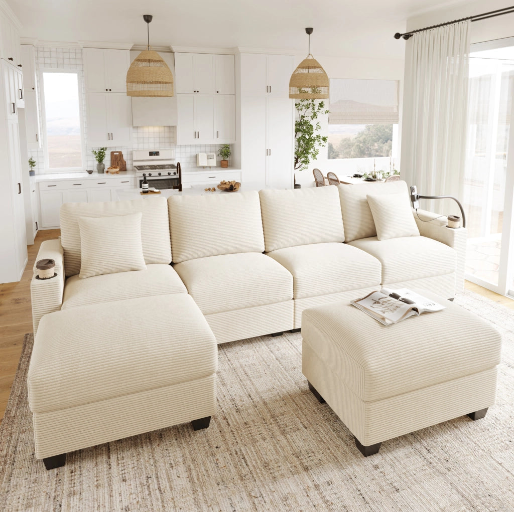Divano modulare ad angolo in corduroy beige 275;5 x 139 x 87 cm con USB e USB-C