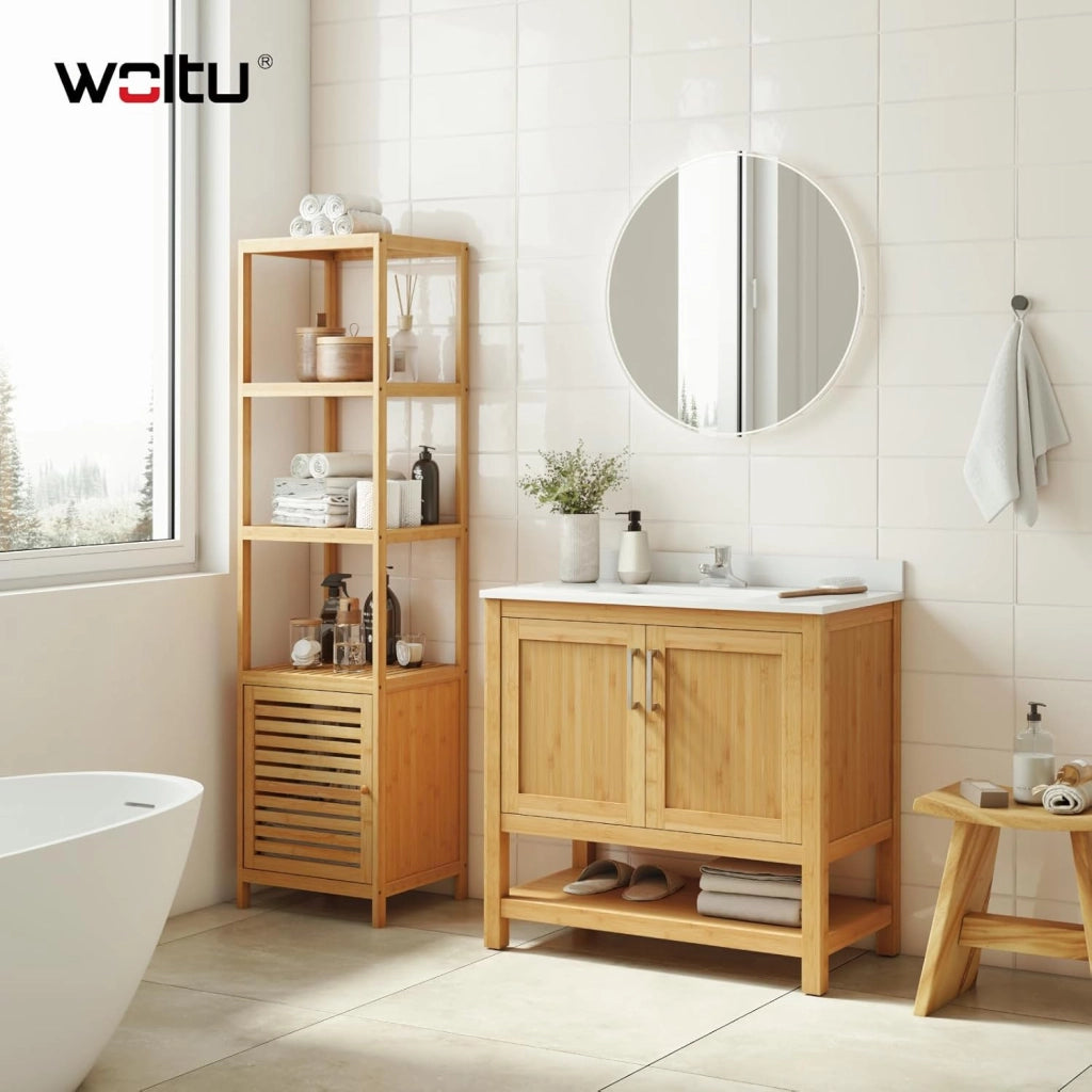 Armadio da Bagno in Bambù, Mobile da Bagno Alto e Stretto con Porta a Battente, 4 Ripiani Aperti, Scaffale Angolare Indipendente, 36x33x140cm