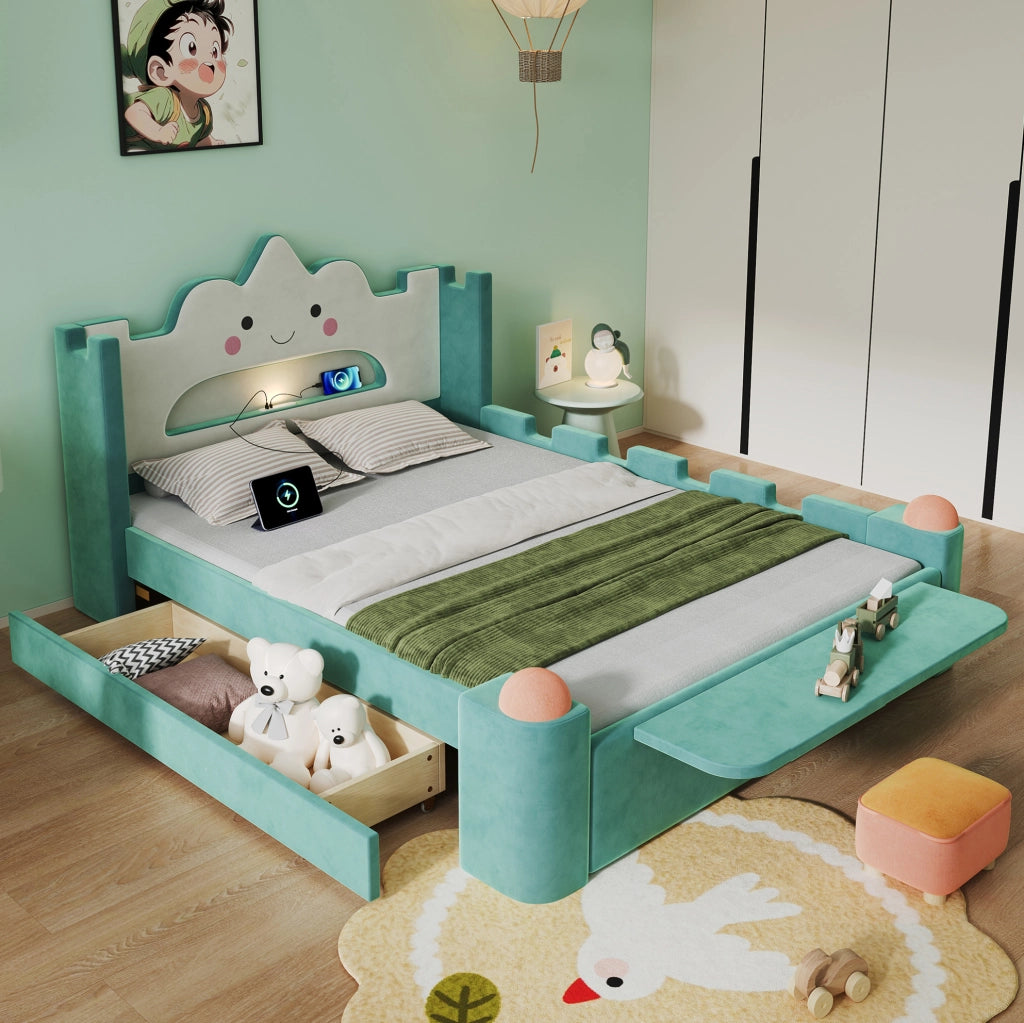 Letto per bambini 140x200 cm con lampada da lettura; USB; contenitore e ripiano in velluto bluverde