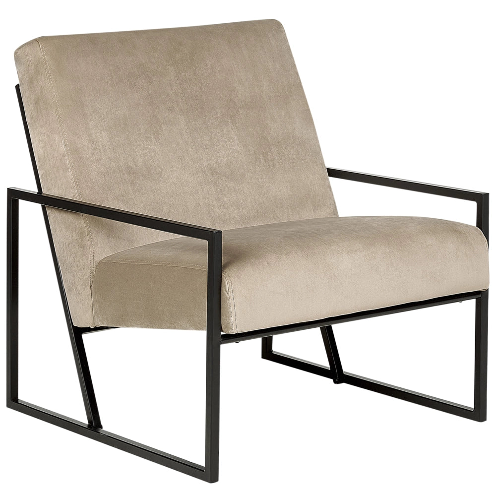 Poltrona in velluto grigio tortora 83L x 69L x 83H Schienale Bracciolo Struttura in metallo nero Soggiorno moderno glam