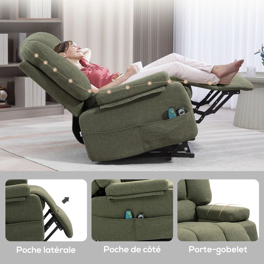 Poltrona relax elettrica alzapersona ¨C Xylo ¨C massaggiante con riscaldamento, reclinabile, poggiapiedi, verde