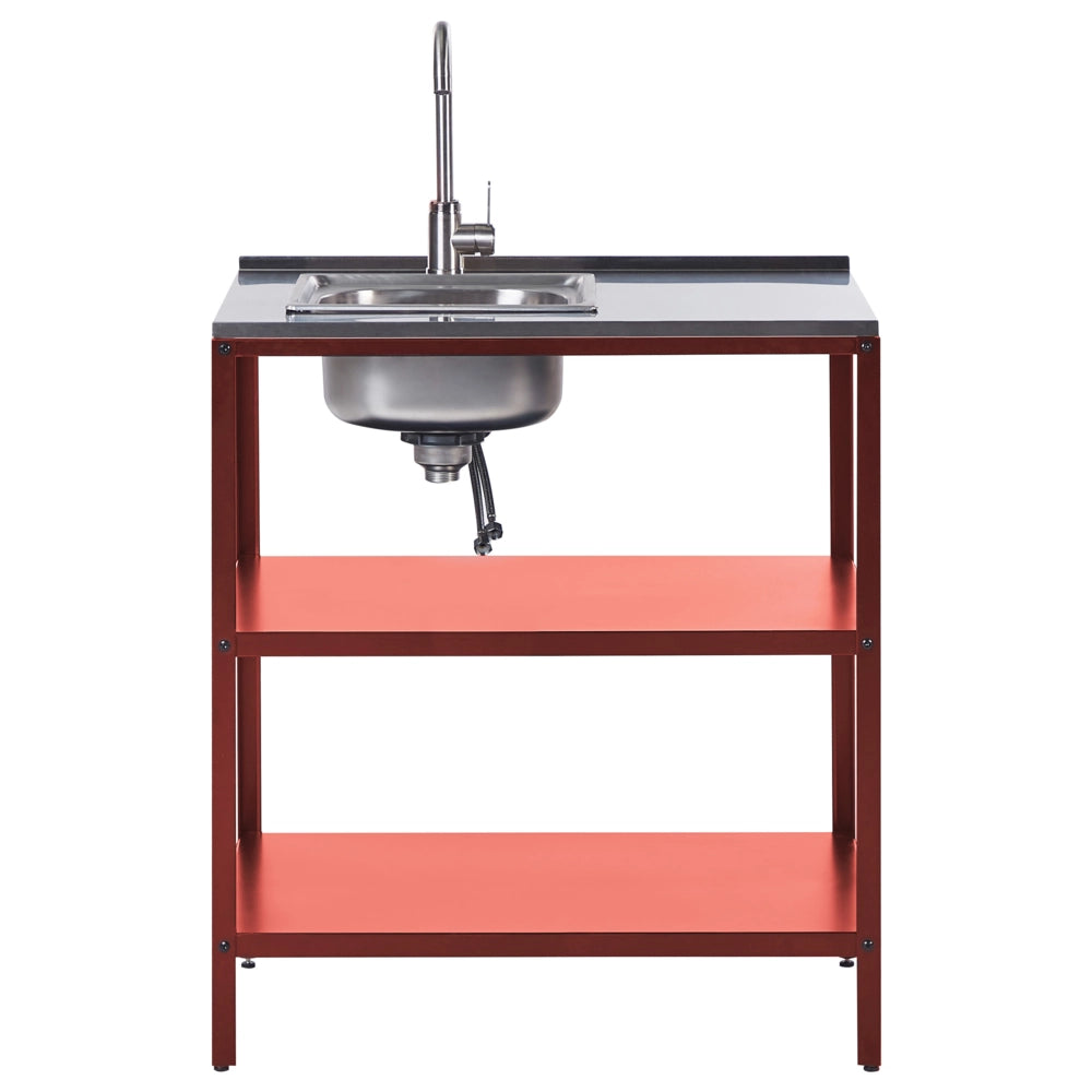 Isola da cucina da esterno con lavello Rosso Acciaio inossidabile 80 x 50 x 92 cm Rubinetto monocomando 2 ripiani Piano da cucina da giardino