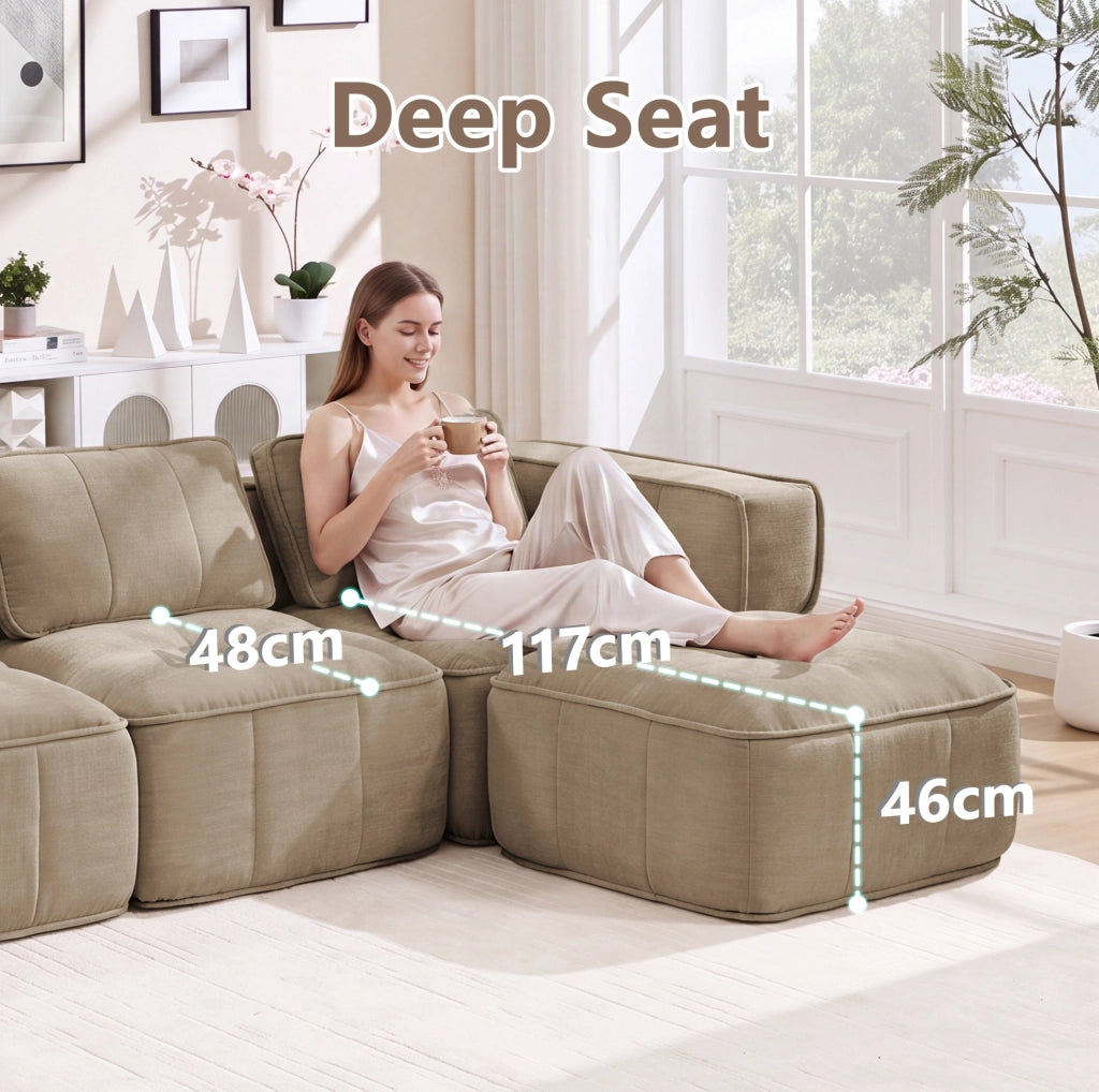 Divano modulare a U 4 posti con 2 pouf 344x162x67 cm in poliestere color sabbia