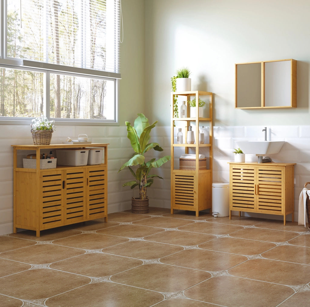 Mobile bagno in bambù con 3 ripiani aperti