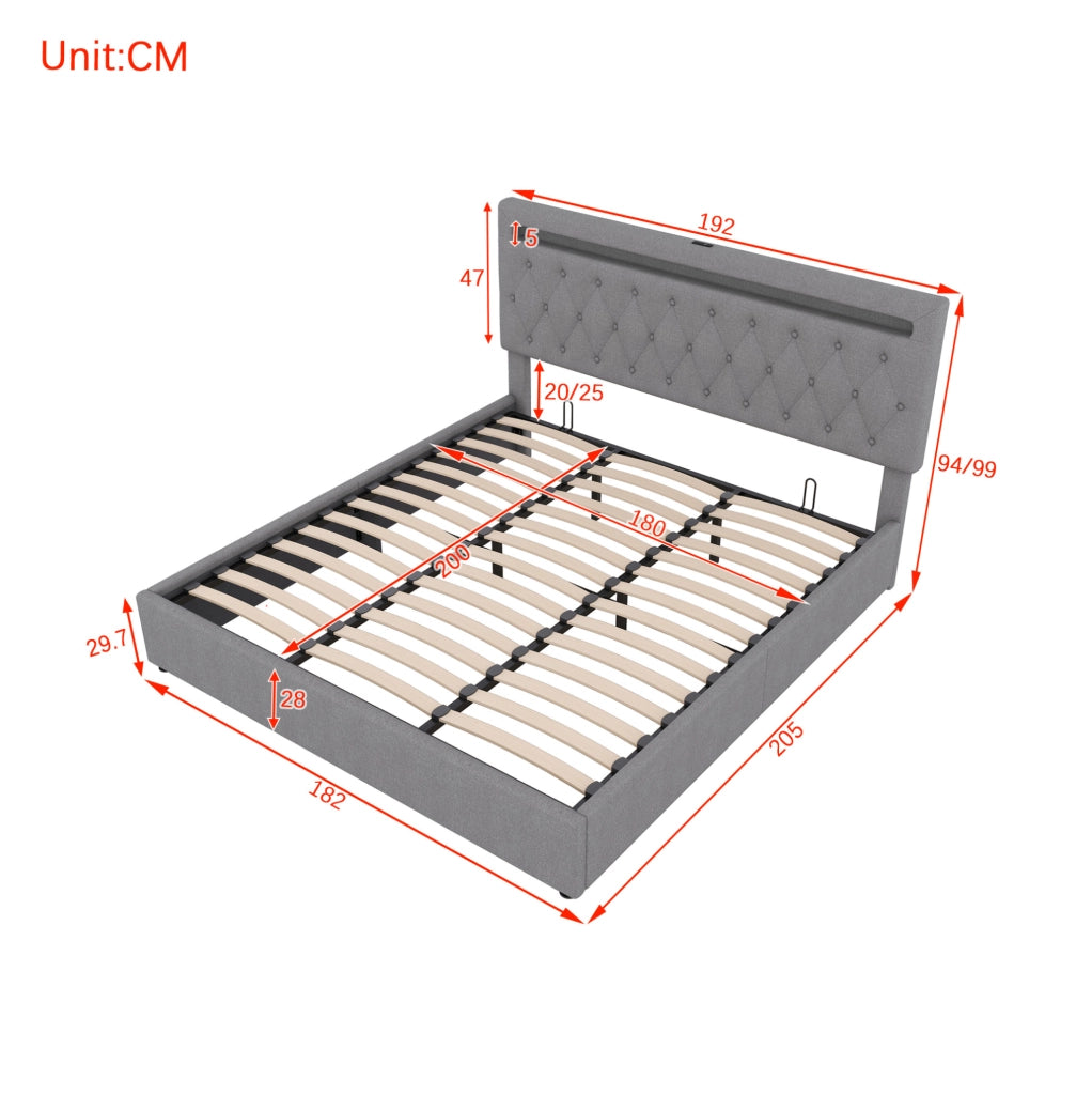 Letto imbottito grigio 180x200 cm con sollevamento idraulico, LED e USB