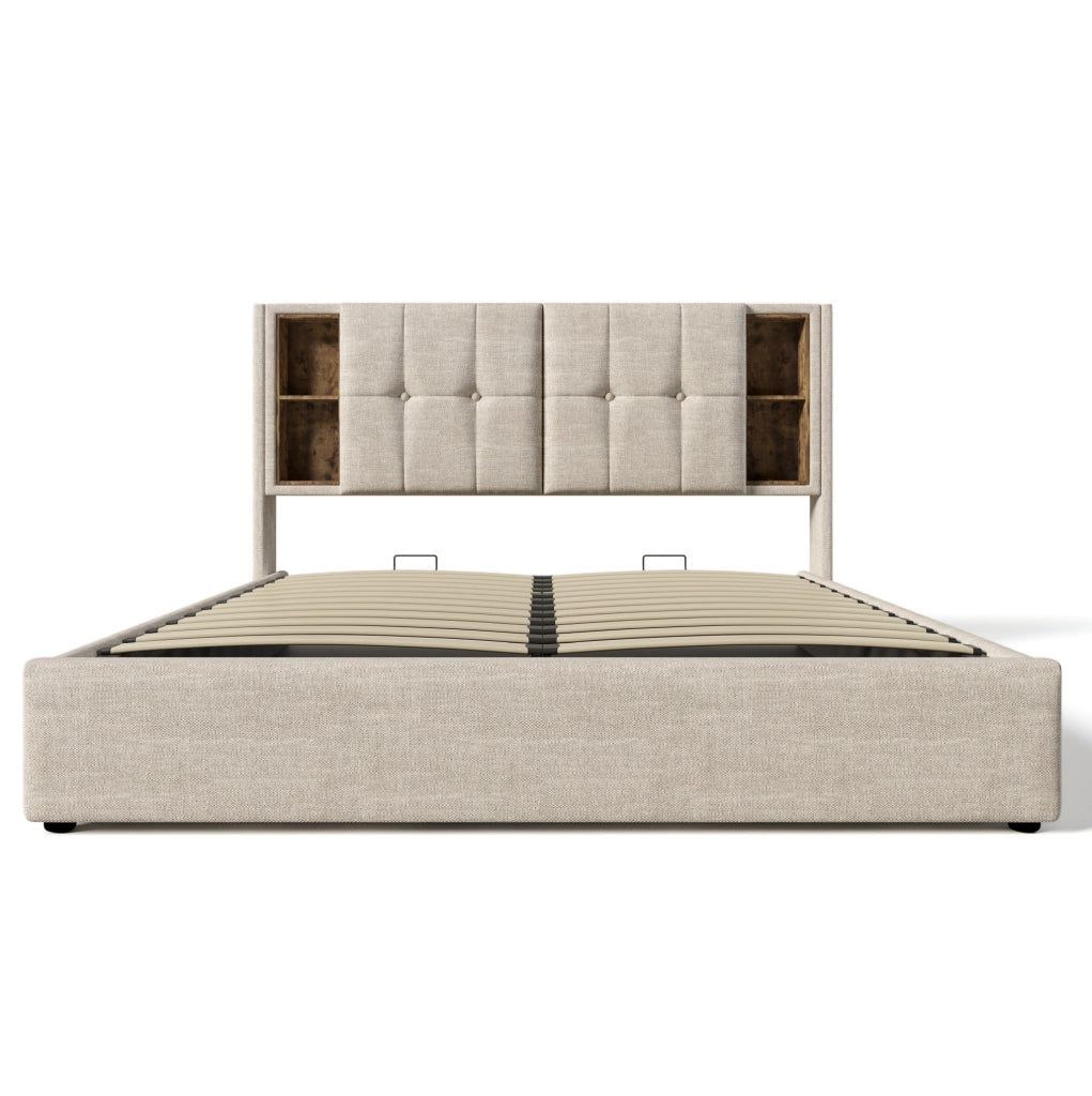 Letto matrimoniale imbottito 180x200 cm in lino naturale con ricarica wireless; USB e contenitore