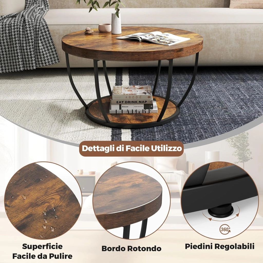 Tavolino da Caffè Rotondo a 2 Ripiani, Tavolo da Salotto in Legno con Struttura in Metallo, Tavolino Soggiorno Industriale con Piedini Regolabili, 80 x 80 x 45 cm (Marrone scuro)