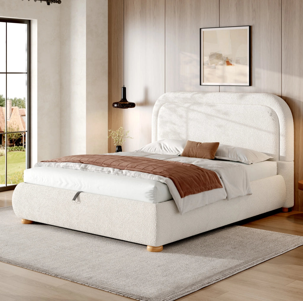 Letto contenitore con rete a doghe in bouclé bianco
