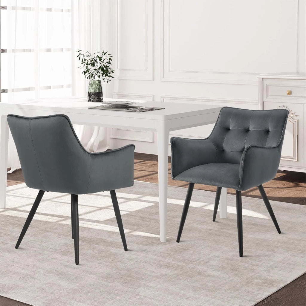 Set di 2 Sedie da Pranzo Moderne, Sedie da Cucina con Schienale e Braccioli, Poltroncine Imbottite con Gambe in Metallo, per Salotto, Ufficio e Cameretta, in Velluto, Crema, BH374cm-2