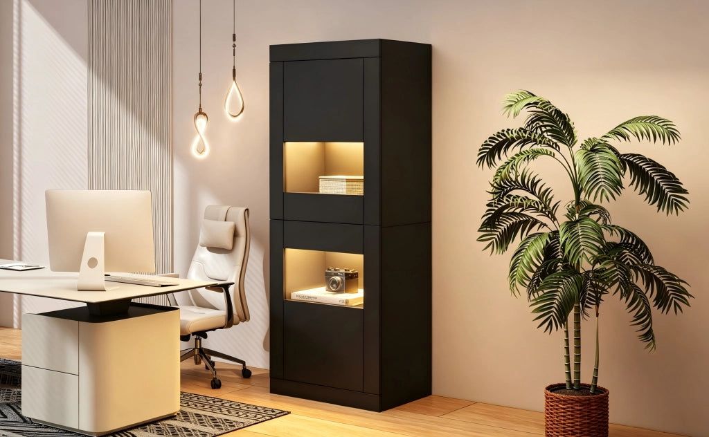 Vetrina con 2 ante; 3 ripiani regolabili e illuminazione LED per soggiorno 61x42x162 cm