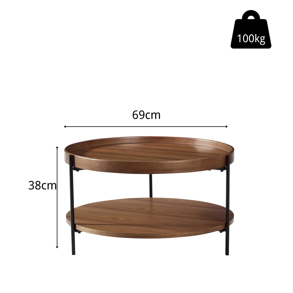 Tavolino basso con piano a due livelli e gambe in metallo, in legno massello e MDF, noce, per soggiorno, 44 × 44 × 48 cm