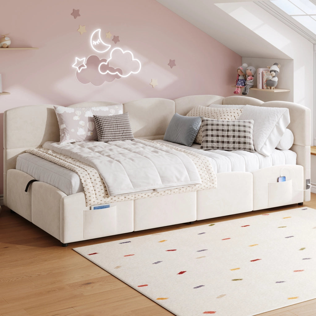 Letto singolo imbottito 90x200 cm con contenitore, USB e tasca laterale