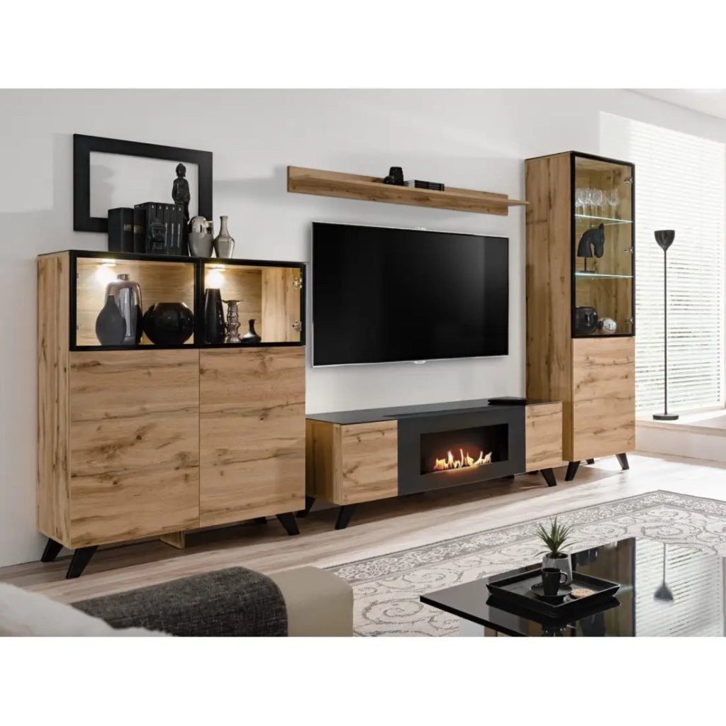 Mobile TV TINO con camino a bioetanolo - Rovere Wotan e nero - L150 cm