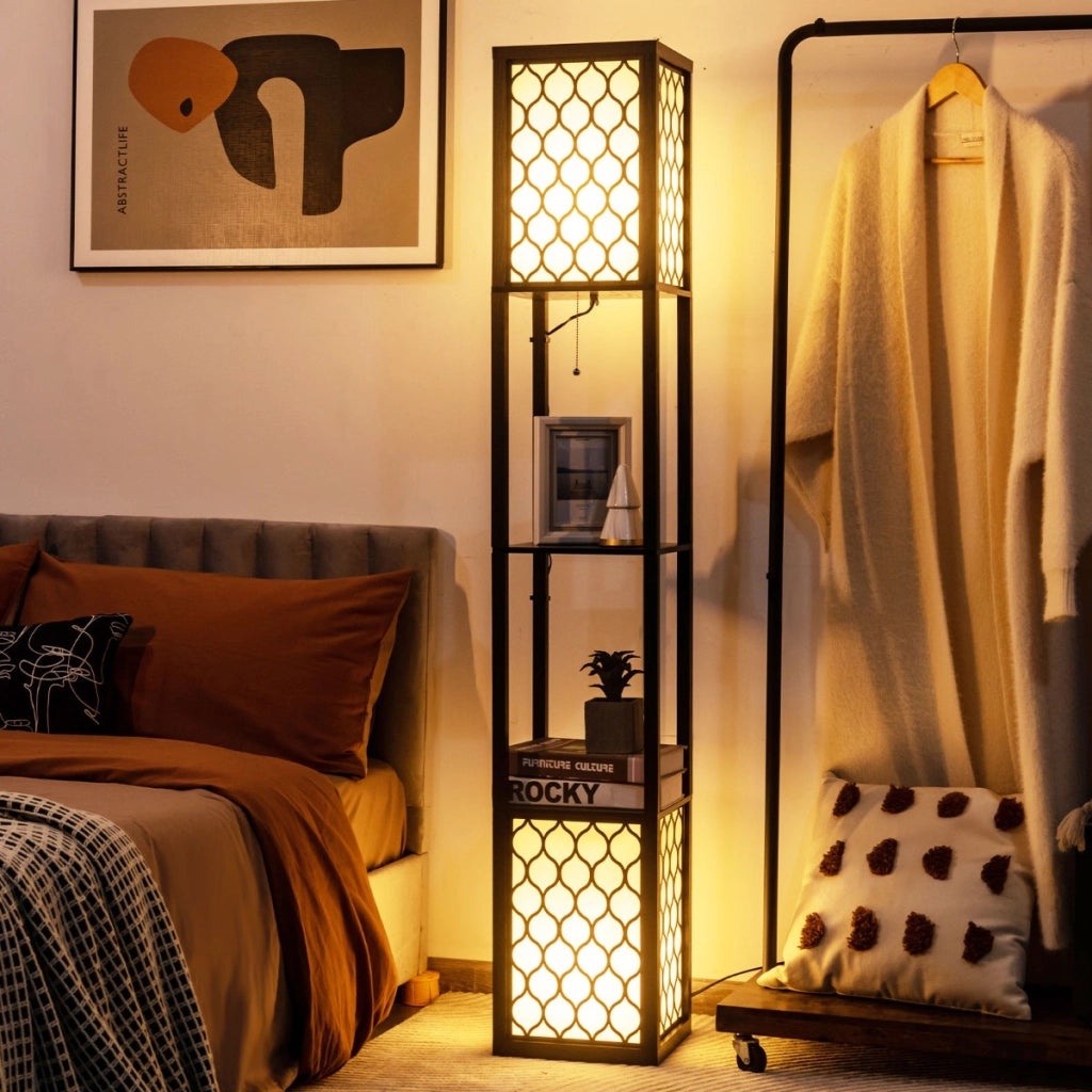 Lampada a stelo e scaffale moderno con interruttore a pedale e a catena, Doppia lampada con 2 ripiani di legno