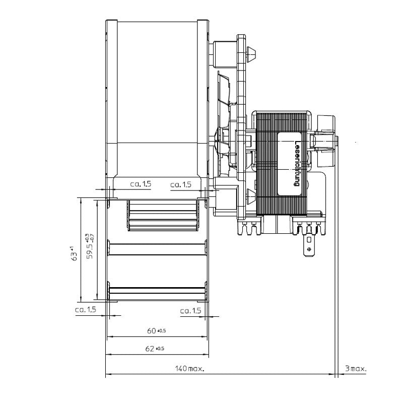 Ventilatore centrifugo EBM RLA108/4200A82-3030LH per Stufa a Pellet. motore dx Lungo 162,5mm Bocchetta: 62x63 mm