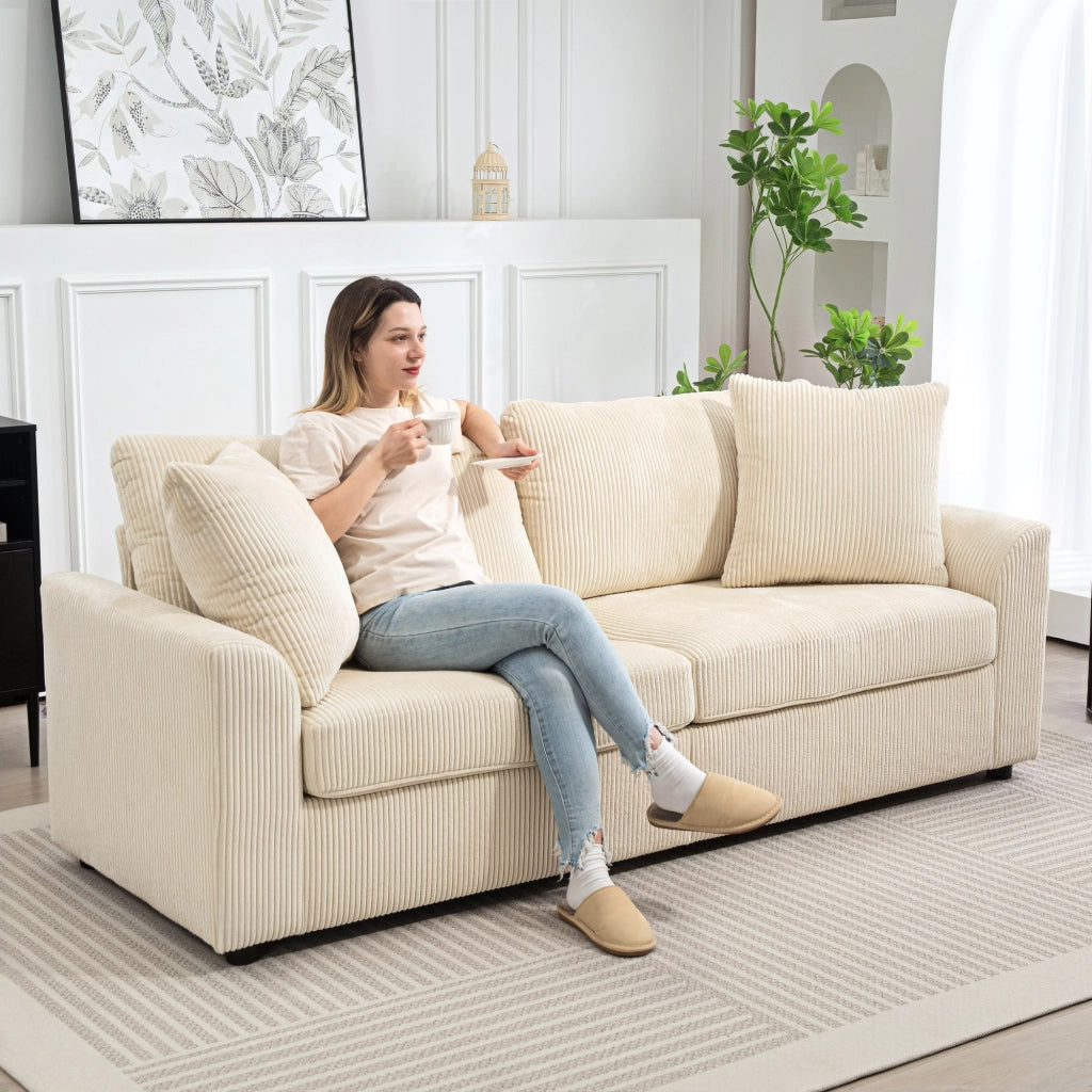 Divano 3 posti tessuto crema con cuscini decorativi ¨C Zephmum ¨C 212 cm