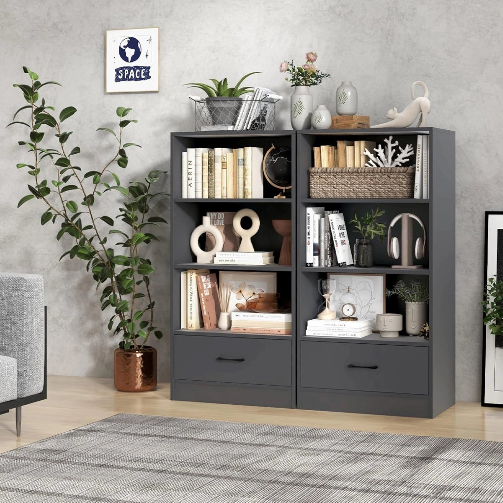 Libreria in Legno con Cassetto, Scaffale di Stoccaggio a 4 Livelli, Scaffale Espositivo per Casa Studio e Soggiorno, 60 x 38 x 120 cm (Grigio)