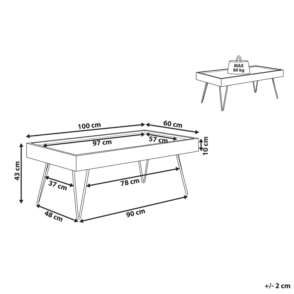 Tavolino da caffè in legno marrone 120 x 60 cm gambe a forcina in metallo Nero piano rettangolare con bordi rialzati soggiorno