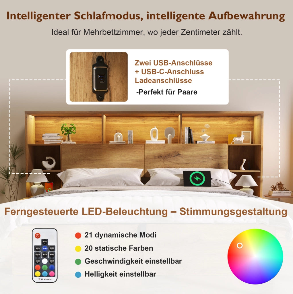 Letto matrimoniale 160x200 cm rovere con LED e USB-C