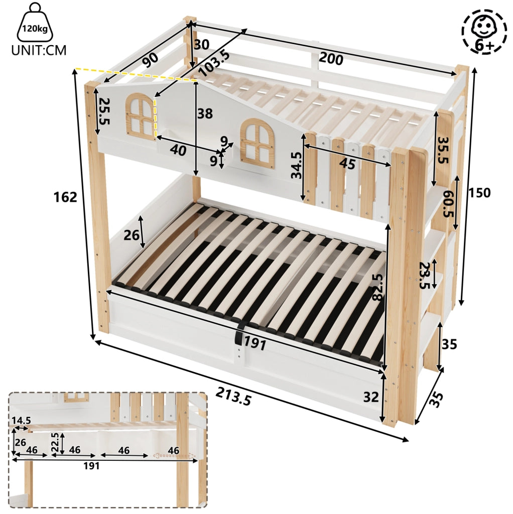Letto a castello 213.5x103.5x162 cm con contenitore idraulico; LED; legno; bianco e naturale