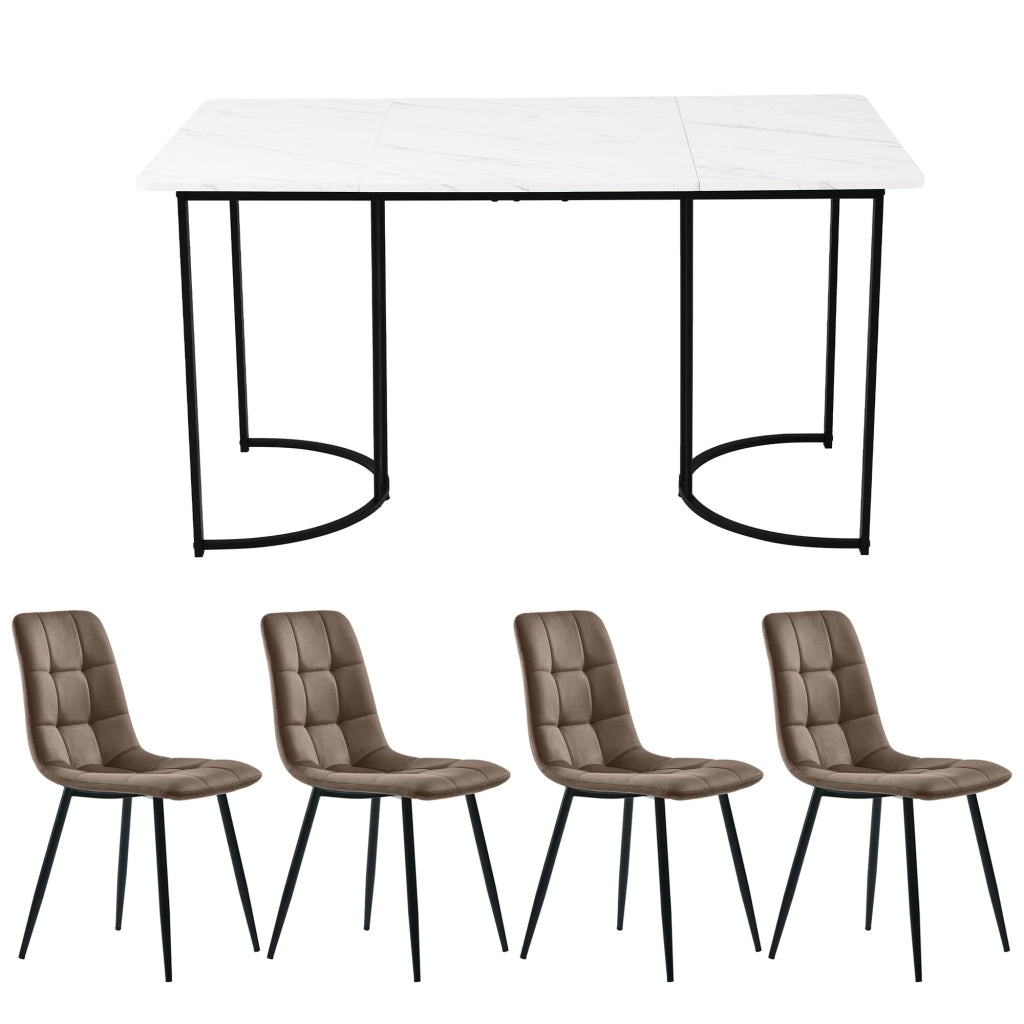 Tavolo da pranzo con 4 sedie in velluto, piano in MDF effetto marmo, per cucina e sala da pranzo, 140 × 80 cm