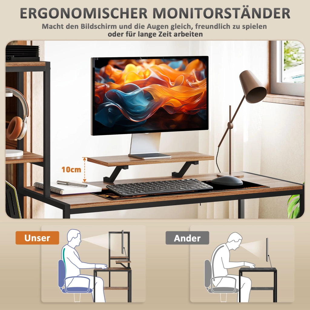 Scrivania per computer con supporto per monitor, supporto per CPU, scrivania da ufficio con ripiano per stampante, tavolo per PC con 4 ripiani,