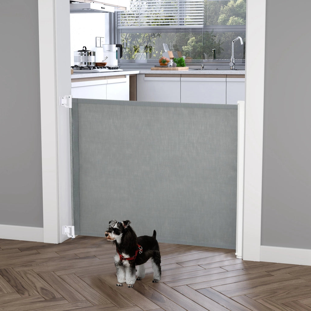 Cancelletto per Cani Estensibile 115x82,5 cm in Poliestere e Acciaio Bianco e Grigio