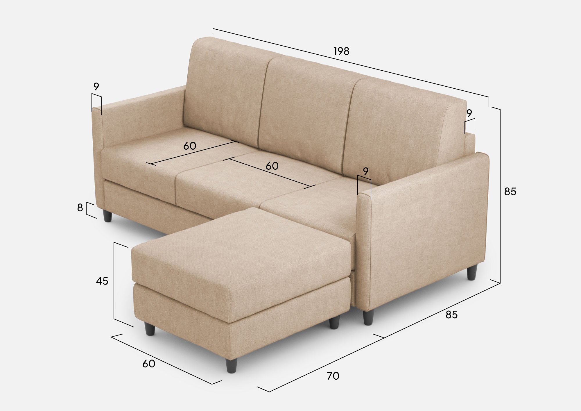 Divano 3 Posti con Pouf 198x155x85 cm Karay in Tessuto Beige