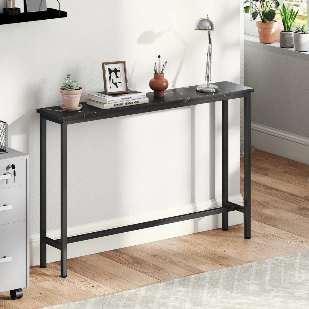 Consolle Ingresso Stretto con Piano Effetto Marmo e Struttura in Metallo ¨C Minimal ¨C 100x20x66 cm Nero