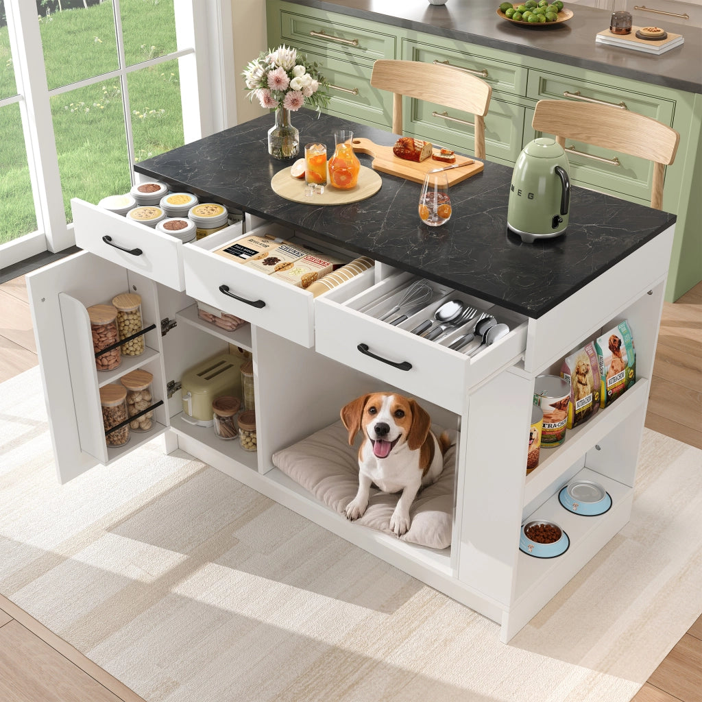 Carrello da Cucina con 3 Cassetti; Porta Spezie; Ripiano Regolabile e Vano Aperto; in MDF; Bianco
