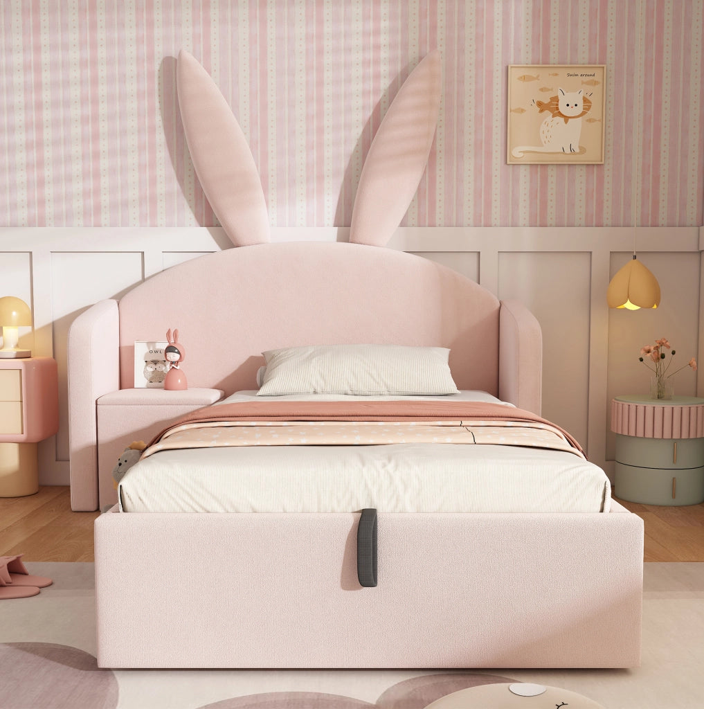 Letto singolo 90x190 cm imbottito rosa con contenitore; comodino integrato e testiera con orecchie