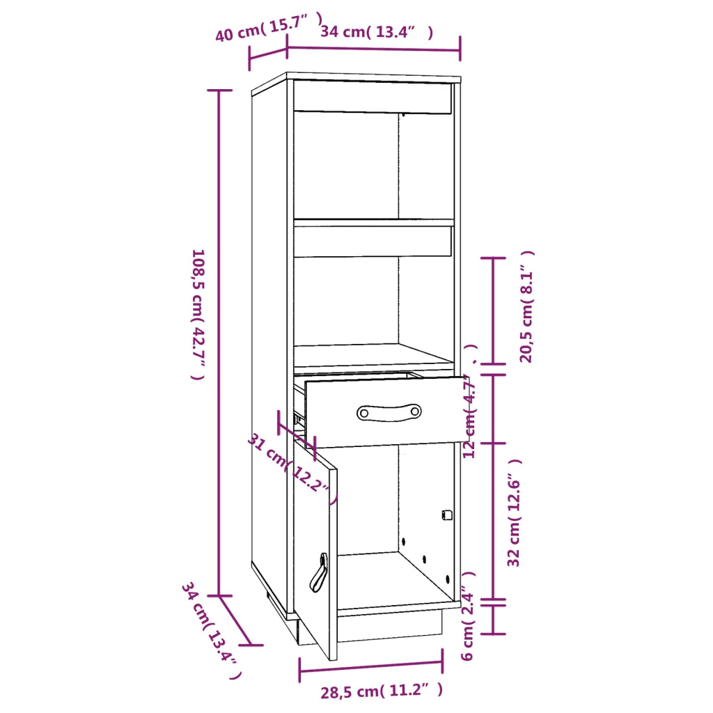 Credenza Grigia 34x40x108,5 cm in Legno Massello di Pino 820154