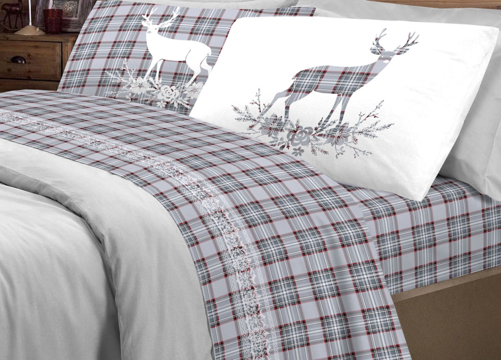 Completo Lenzuola Linea Pensieri Delicati 100% Cotone Disegno Cervo Tartan - Matrimoniale - Grigio