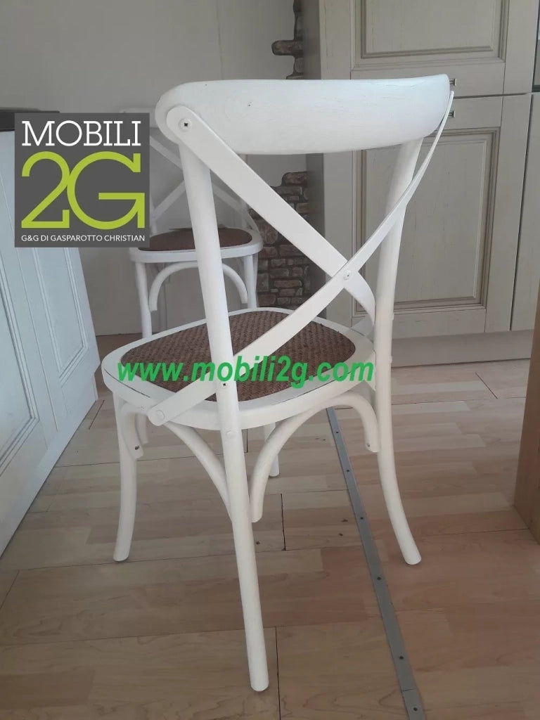 Set 4 sedie cross bistrot shabby vintage bianco olmo seduta rivestita rattan naturale modello