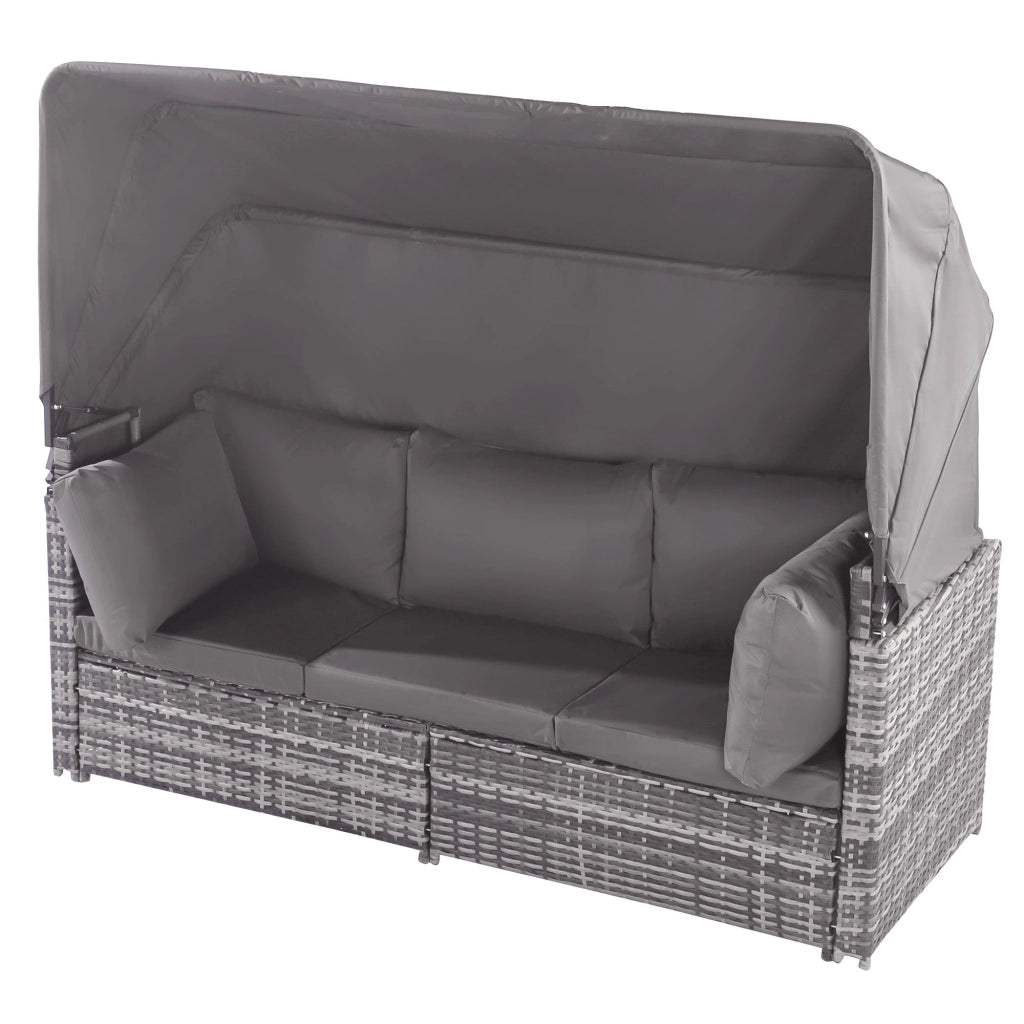 Set da giardino con area relax divano e ombrellone in rattan resistente alle intemperie per giardino e terrazzo colore grigio.